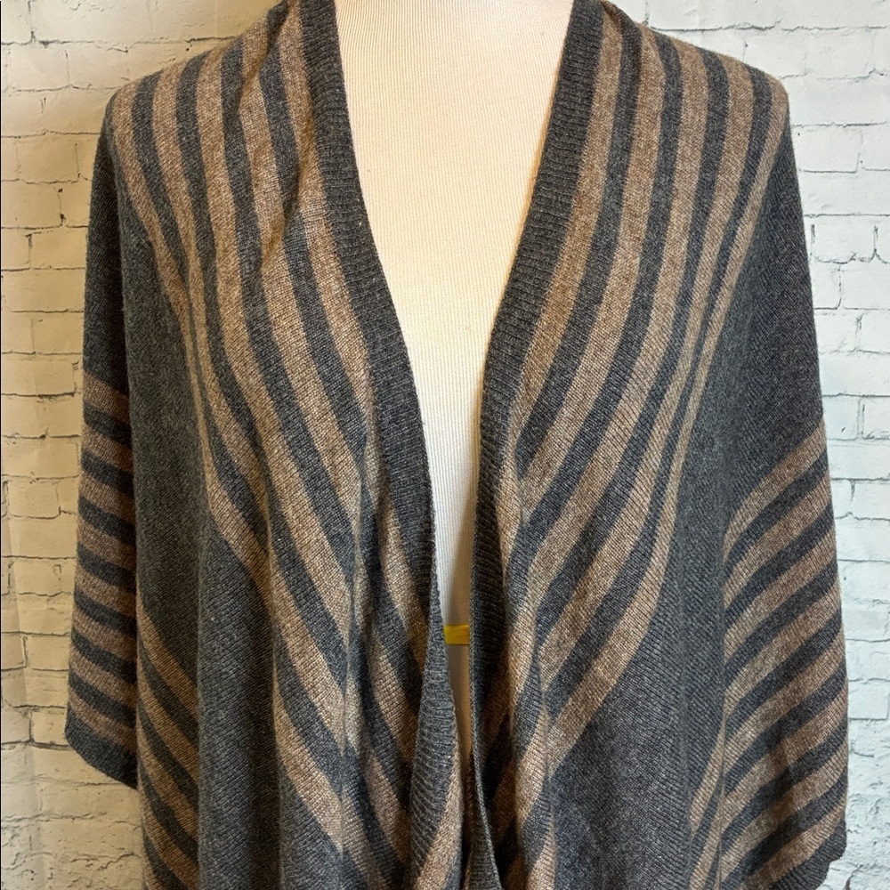 Cashmere Poncho Cape Scarf Gray Tan Stripe Boho Western 100% Cashmere Handmade - Picture 4 of 16
